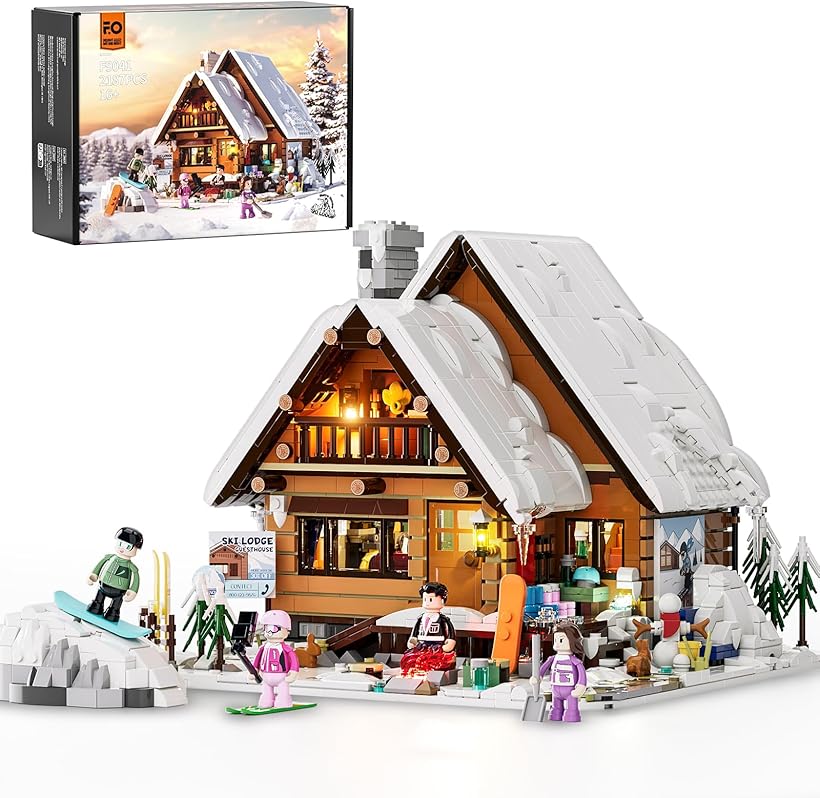 FUNWHOLE Christmas Ski Cabin Lighting Building Bricks Set